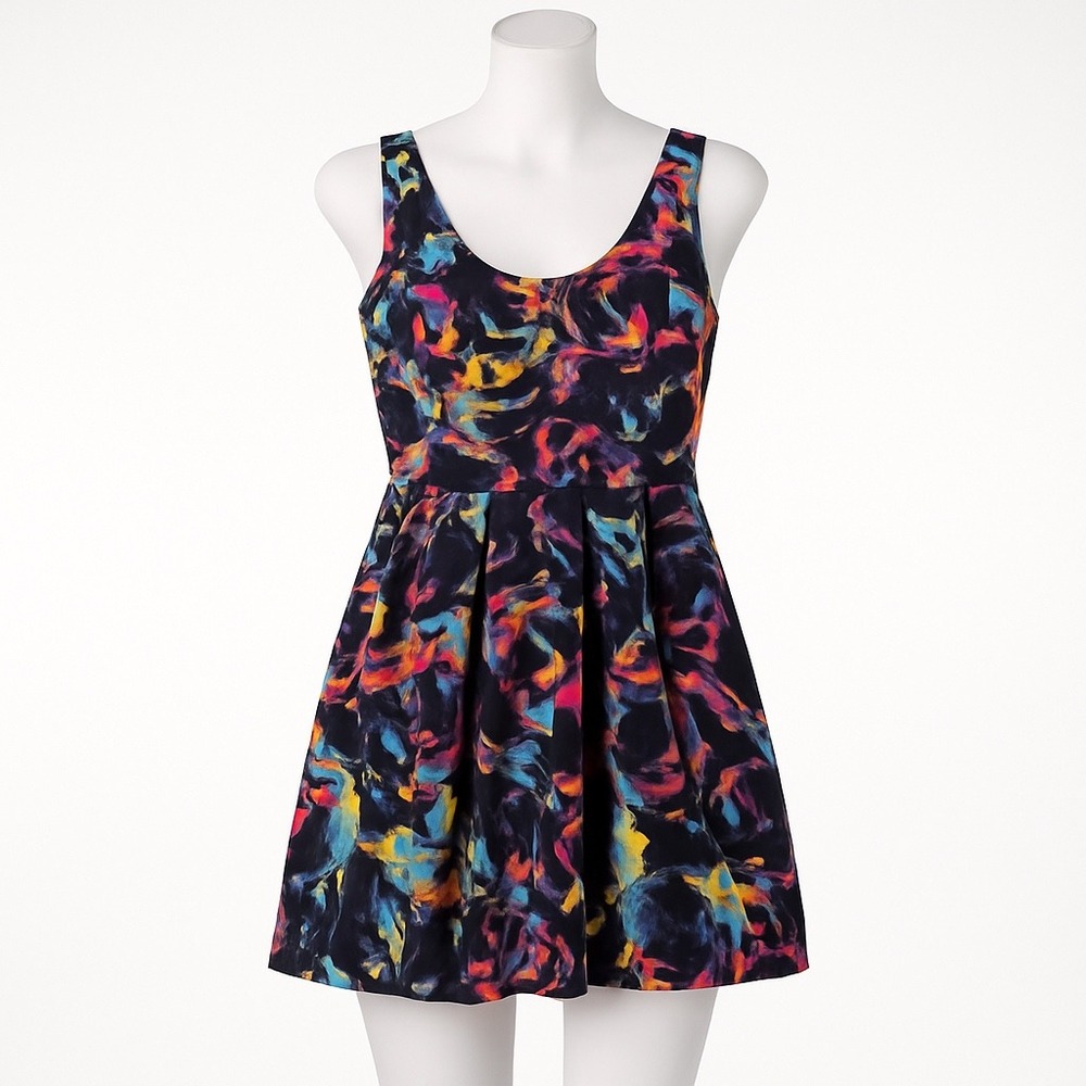 JACK Dress Black Multi Floral Cutout Back Sleeveless Fit Flare Dark Boho Size 6